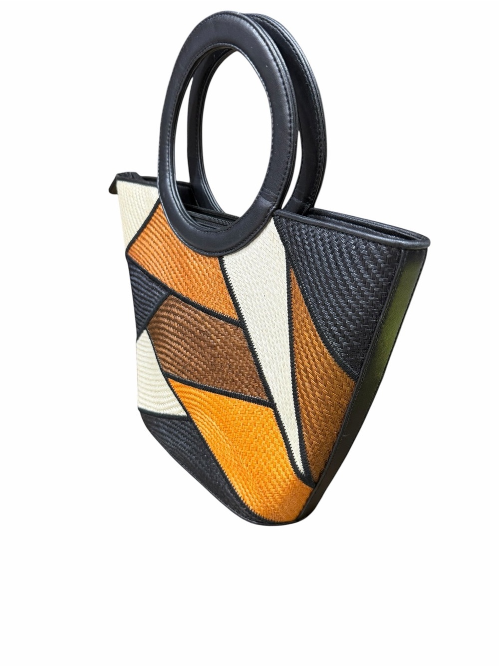 Vintage Le Sac Patchwork Woven Straw, Geometric Color Paneled Bag - Picture 5 of 14
